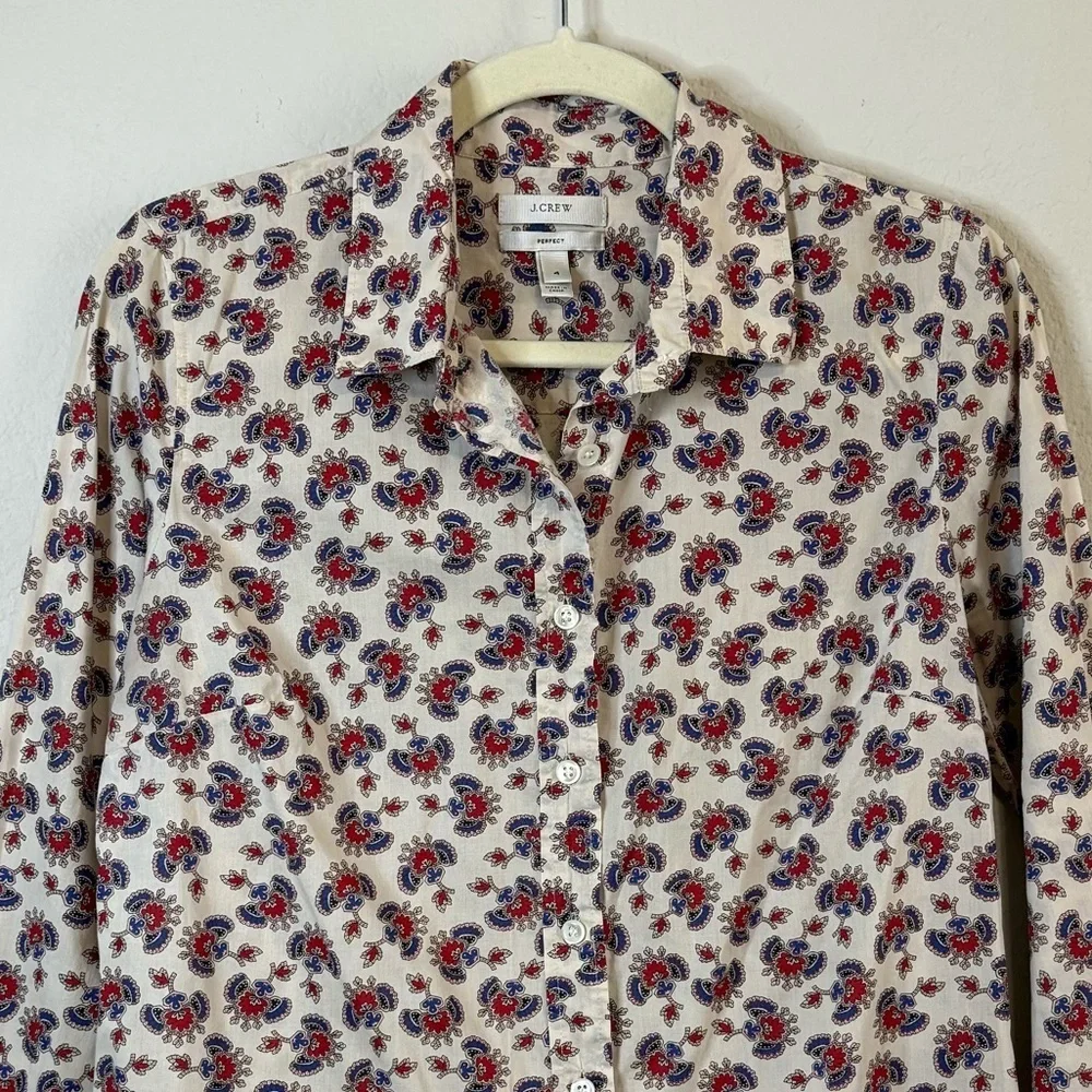 J Crew Cotton White Red Blue Perfect Paisley Long Sleeve Button Front Shirt Sz 4